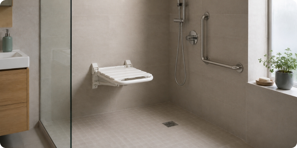 Siège de douche rabattable et barres d'appui installés dans une douche adaptée senior