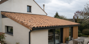 Toit en tuiles a emboitement sur une extension a faible pente en Loire-Atlantique