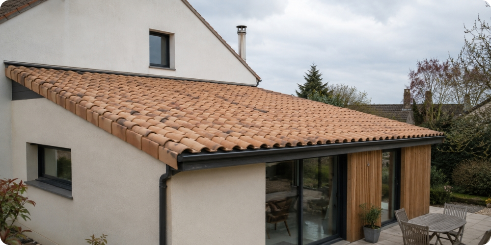 Toit en tuiles a emboitement sur une extension a faible pente en Loire-Atlantique