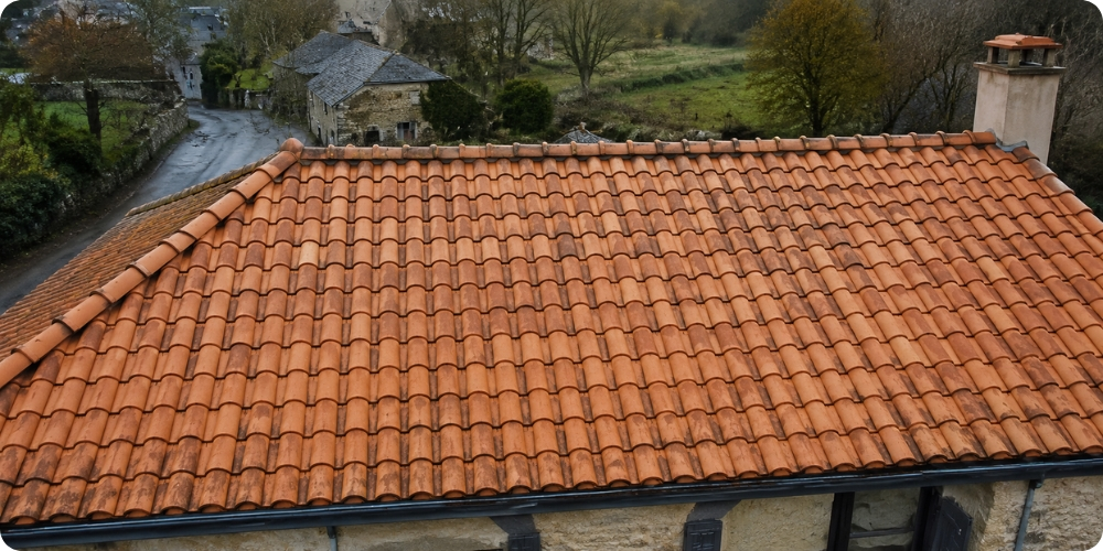 Toiture en tuiles mécaniques terre cuite vue du dessus, prix au m2 2026