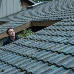 Un homme regarde une toiture en tuiles vieillies et moussues sur une maison en bois lors d'une inspection.