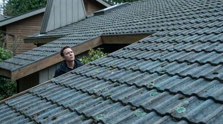 Un homme regarde une toiture en tuiles vieillies et moussues sur une maison en bois lors d'une inspection.
