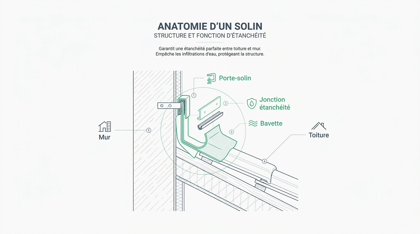 Schéma technique détaillant le porte-solin, la bavette en plomb et le joint d'étanchéité contre un mur