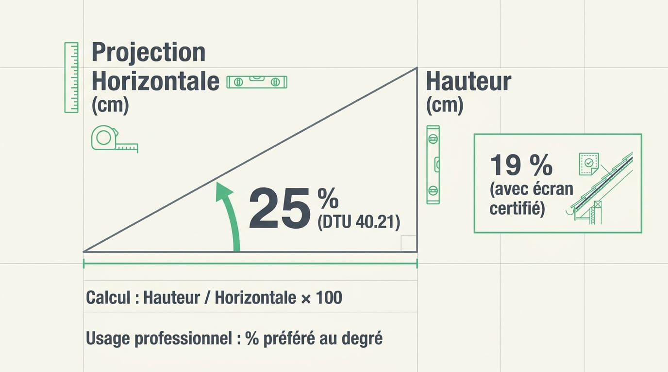 Schéma technique pour le calcul de la pente de toiture en pourcentage