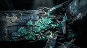 Gros plan sur une poutre en bois sombre et abîmée colonisée par des filaments de champignons vert émeraude.