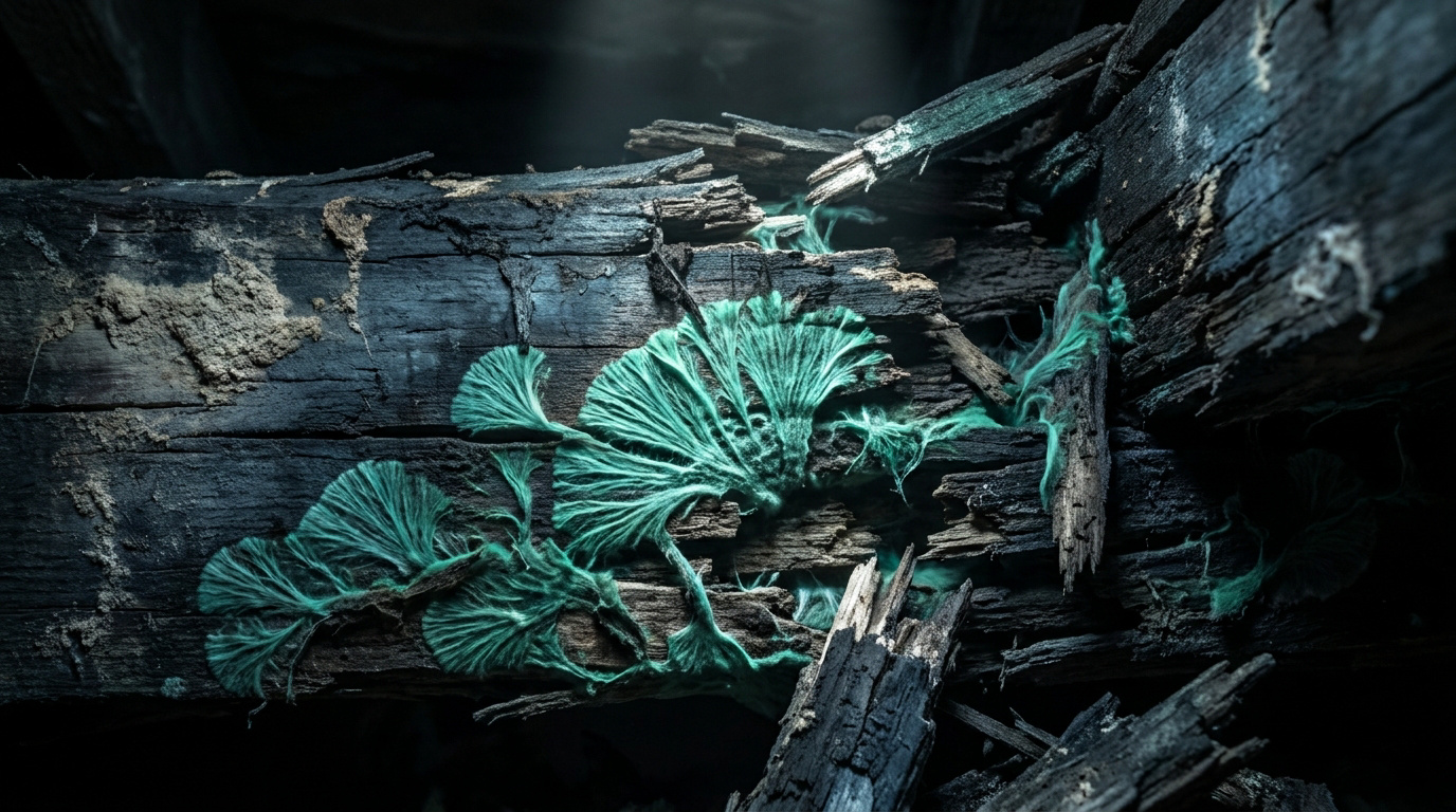 Gros plan sur une poutre en bois sombre et abîmée colonisée par des filaments de champignons vert émeraude.