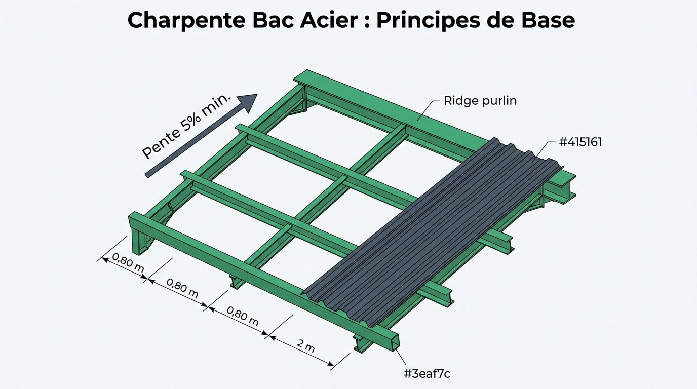 Schéma d'une charpente bois prête à recevoir une couverture en bac acier
