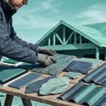 Un professionnel examine des échantillons de tuiles et d'ardoises sur une table devant une maison en construction.