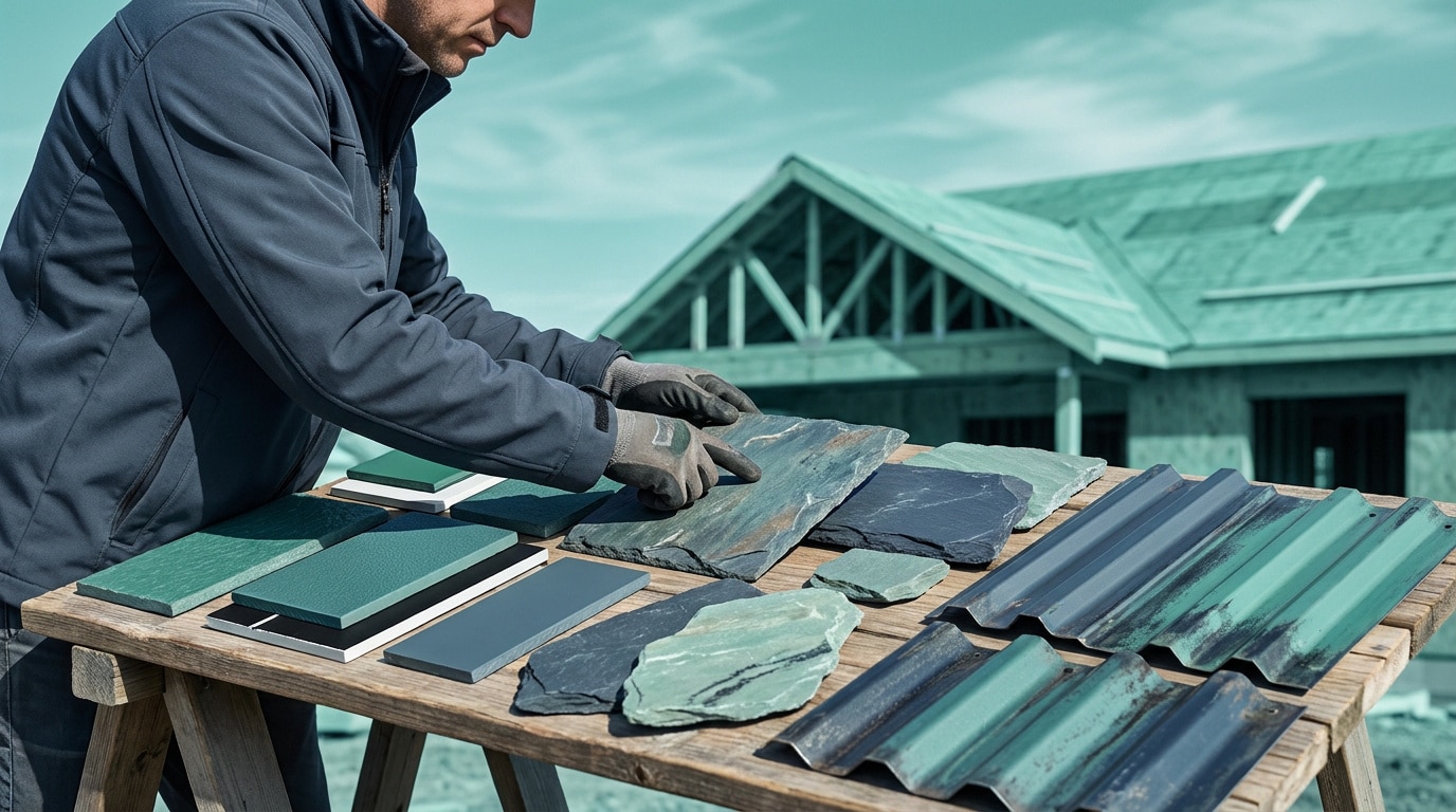 Un professionnel examine des échantillons de tuiles et d'ardoises sur une table devant une maison en construction.
