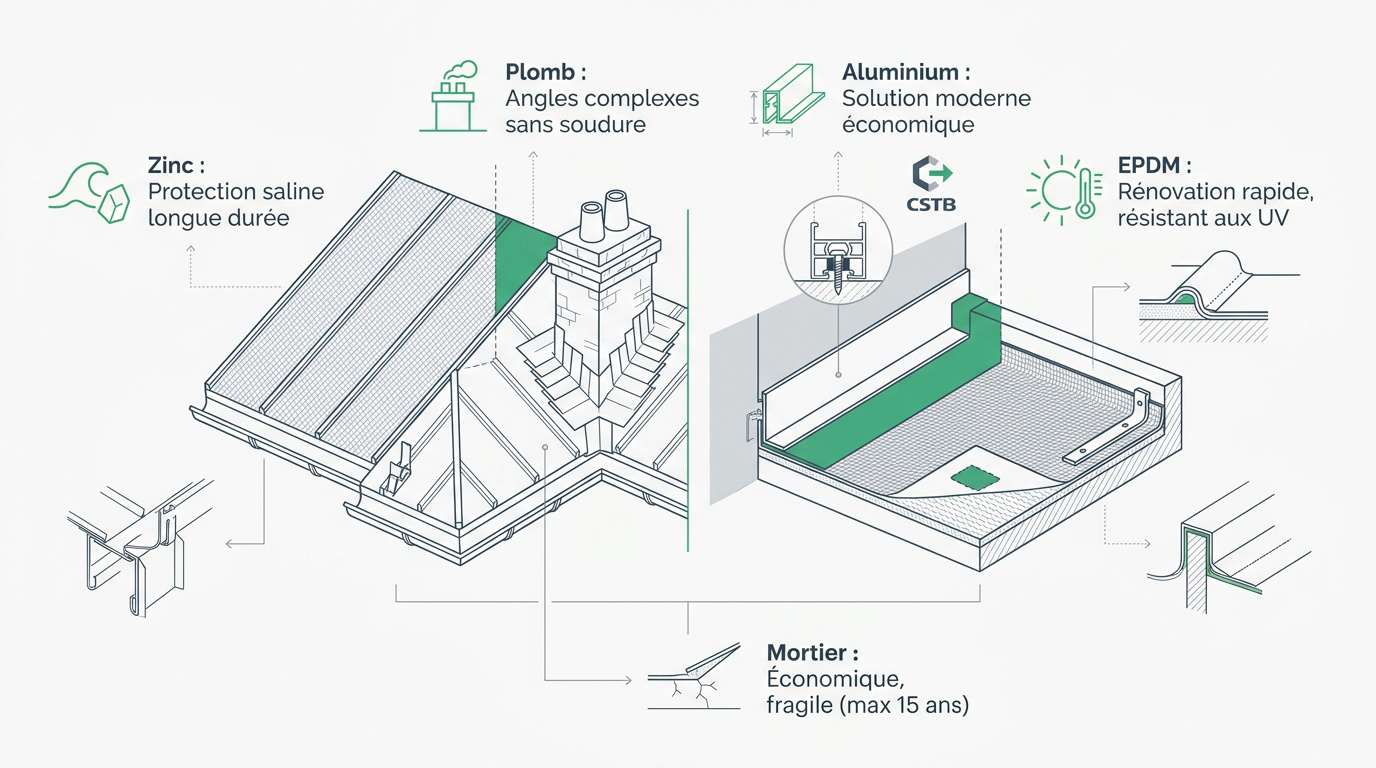 Comparaison des matériaux de solin en zinc, plomb et aluminium pour l'étanchéité de toiture