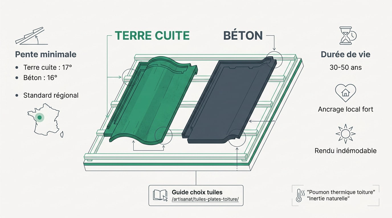 Comparaison visuelle entre toiture en tuiles de terre cuite et tuiles en béton