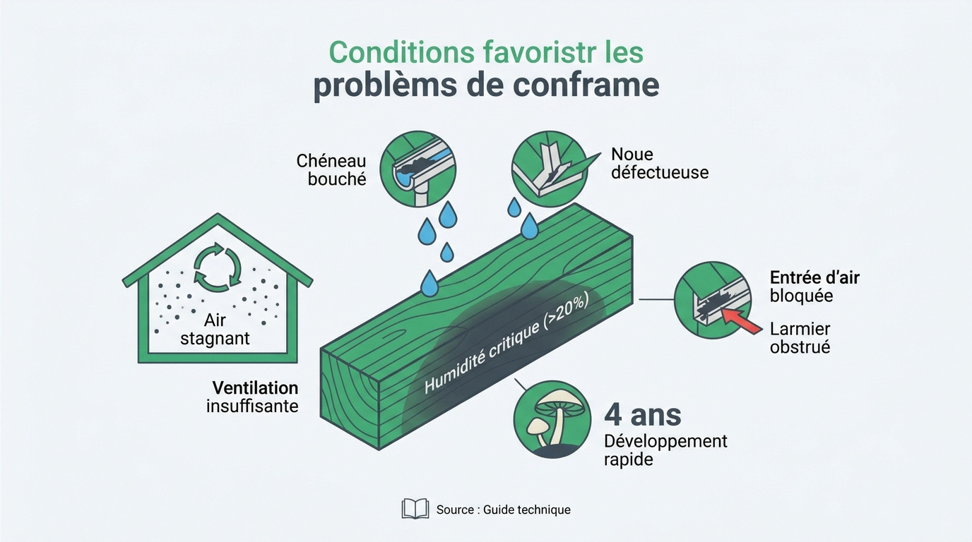 Charpente bois présentant des traces d'humidité et de moisissures dues à une mauvaise ventilation