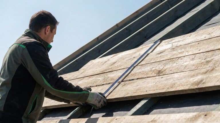 Un couvreur mesure avec un mètre ruban des planches de bois installées sur la charpente d'un toit en construction.