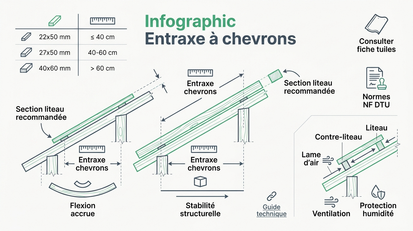Schema technique de l'entraxe entre chevrons pour pose de liteaux