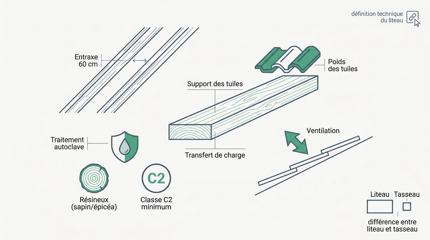 Schéma technique de pose des liteaux sur une charpente en bois