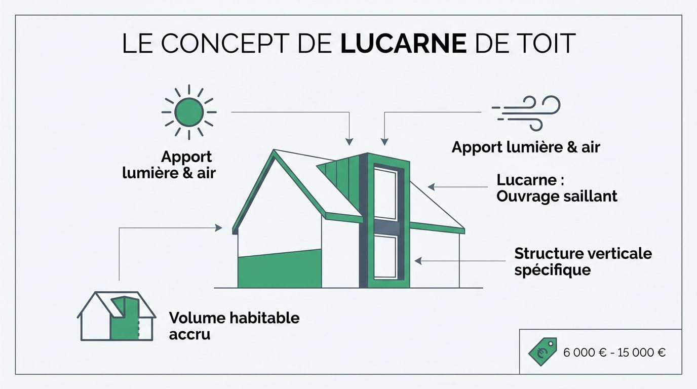 Schéma technique d'une lucarne de toit et ses composants structurels