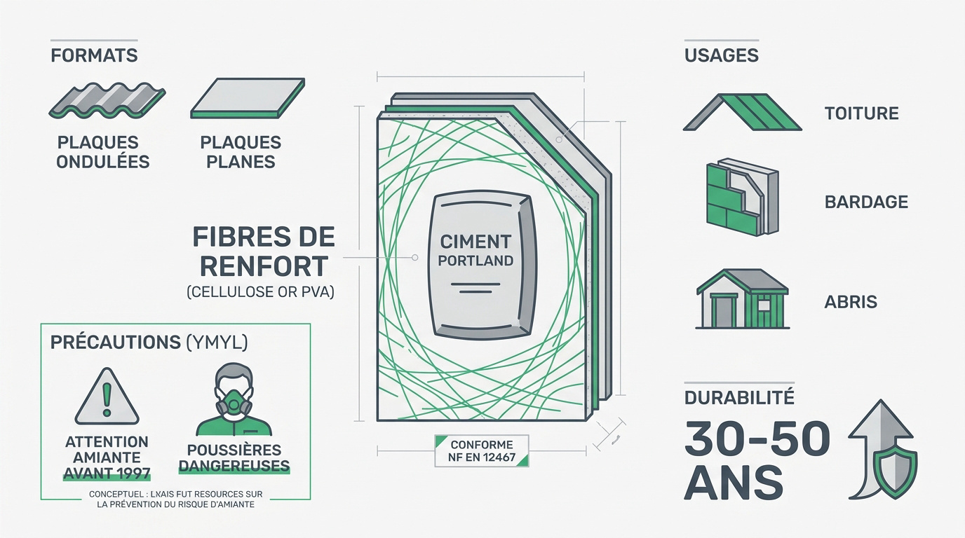 Schéma technique de la composition et des usages des plaques en fibrociment