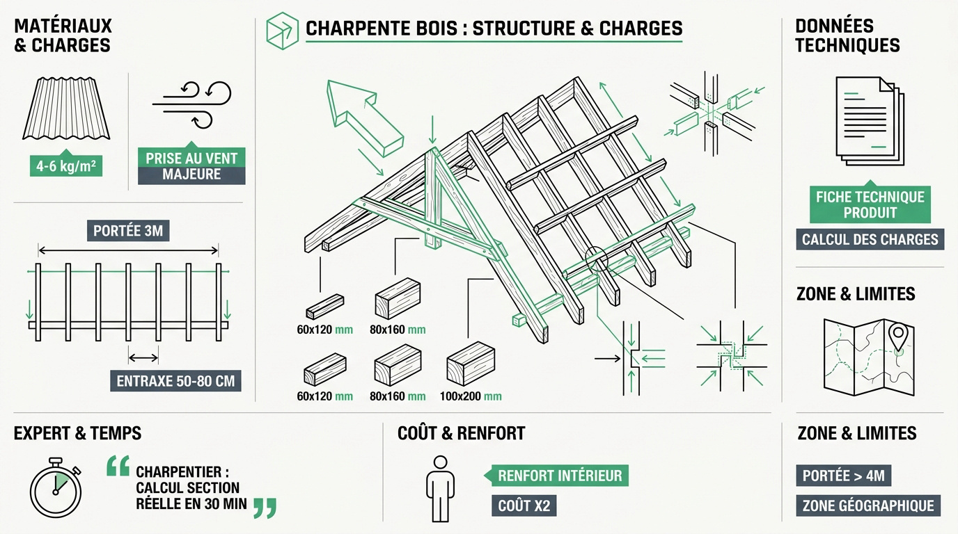 Infographie détaillant les sections de bois et les charges pour une charpente traditionnelle