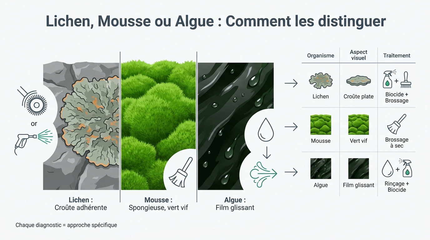 Comparaison visuelle entre le lichen, la mousse et les algues sur une toiture en tuiles
