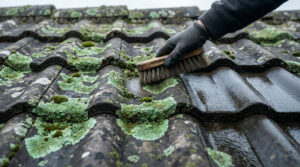 Une main gantée frotte une tuile ancienne couverte de lichen vert avec une brosse en bois.