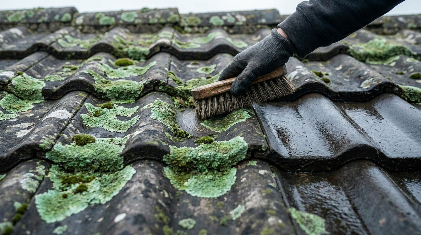 Une main gantée frotte une tuile ancienne couverte de lichen vert avec une brosse en bois.