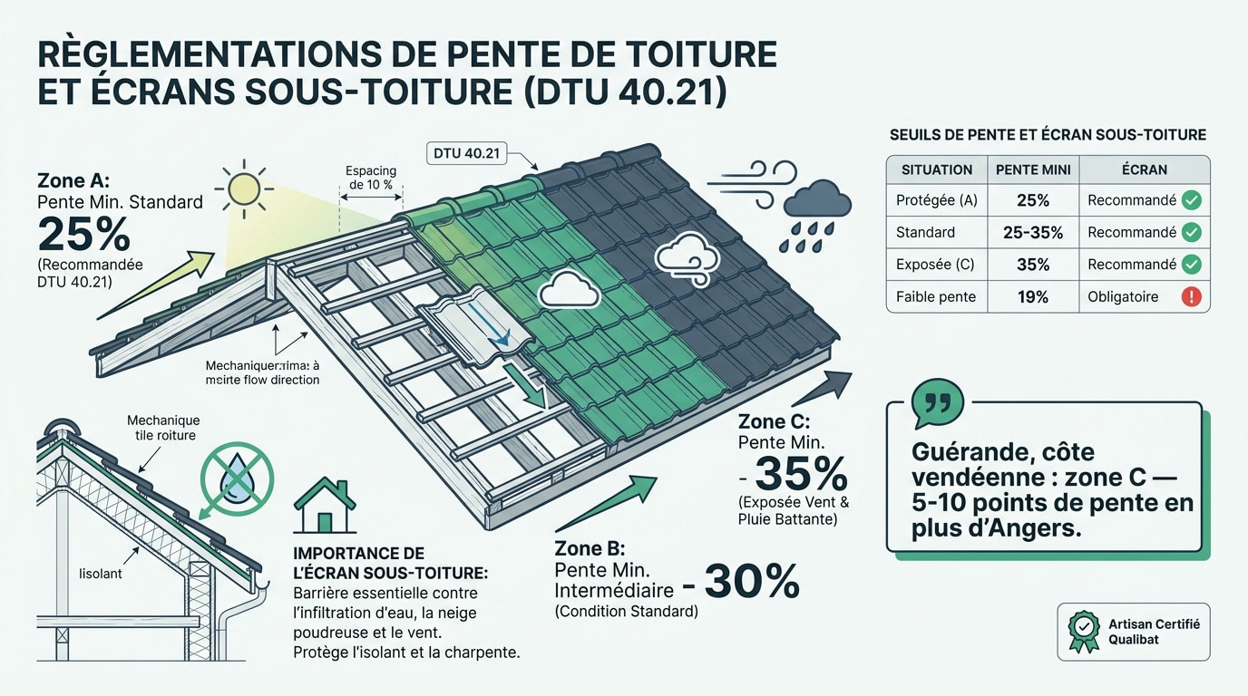 Schéma des zones climatiques et pentes de toiture selon le DTU 40.21