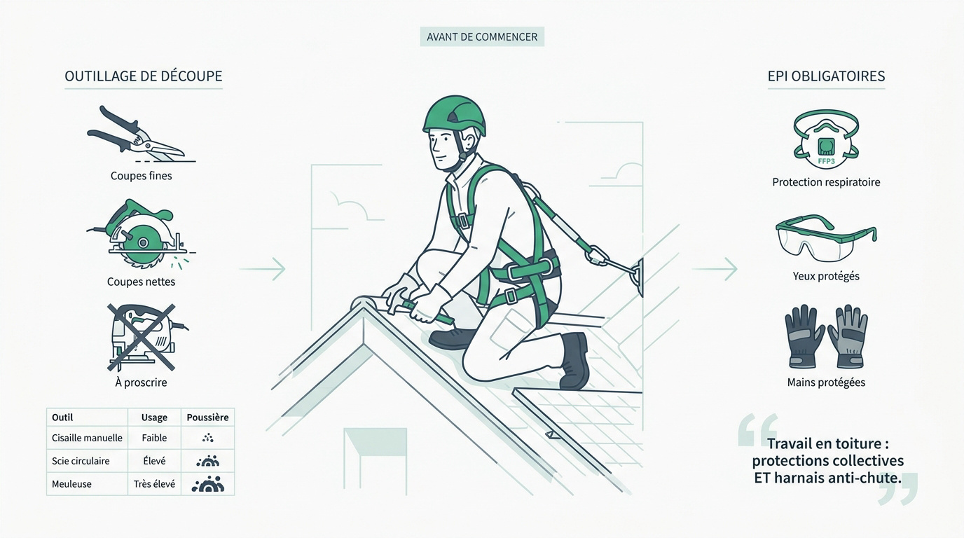 Artisan équipé d'un harnais et de protections respiratoires pour travaux de toiture