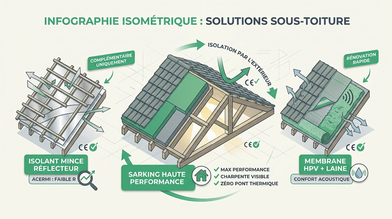 Schéma technique des différentes solutions d'isolation sous toiture pour maison individuelle