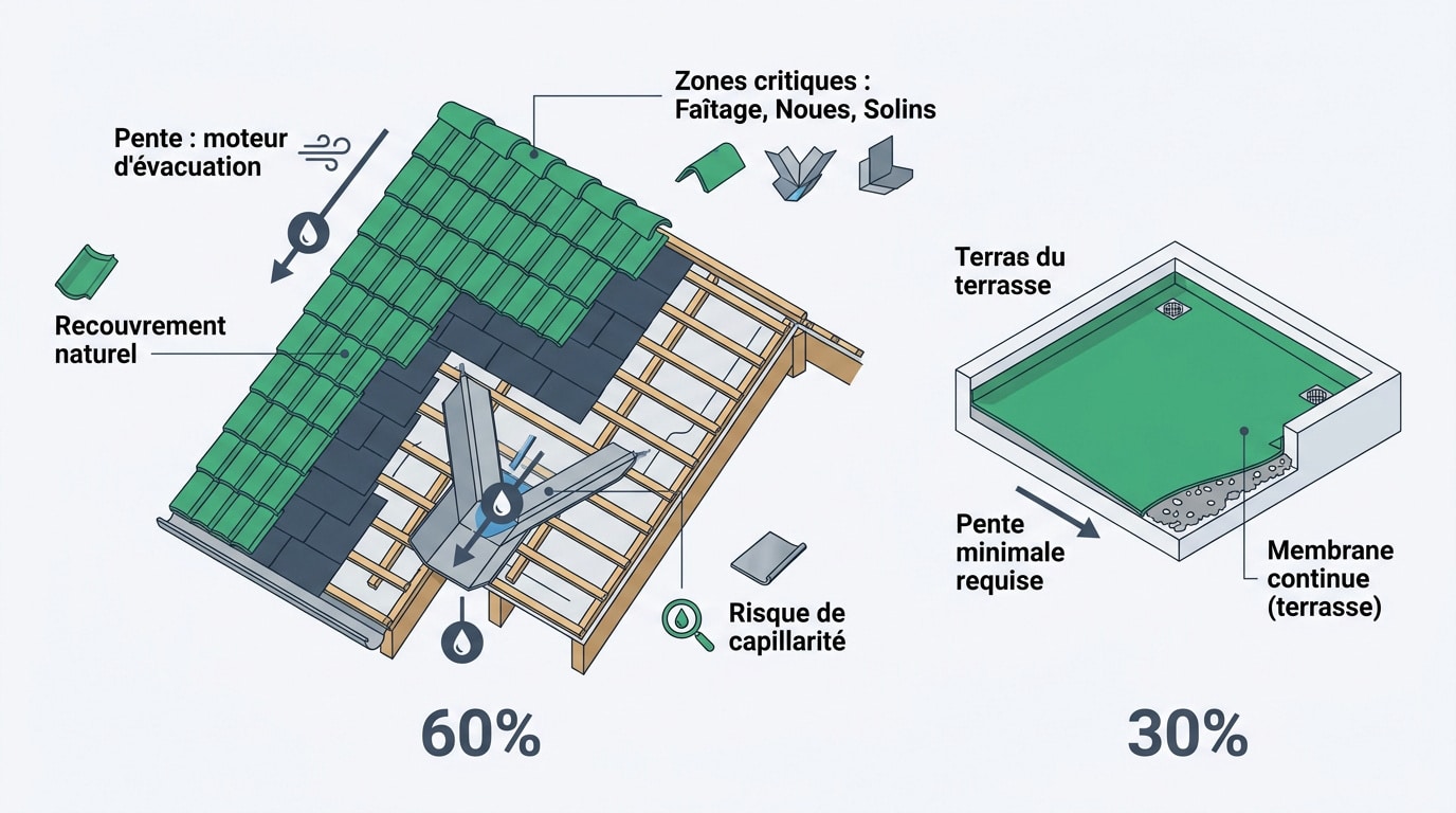 Comparaison entre la conception d'une toiture inclinée et d'un toit terrasse pour l'étanchéité