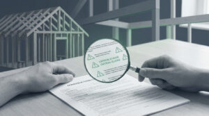 Mains examinant un contrat de construction avec une loupe, avec une maquette de maison en arrière-plan.
