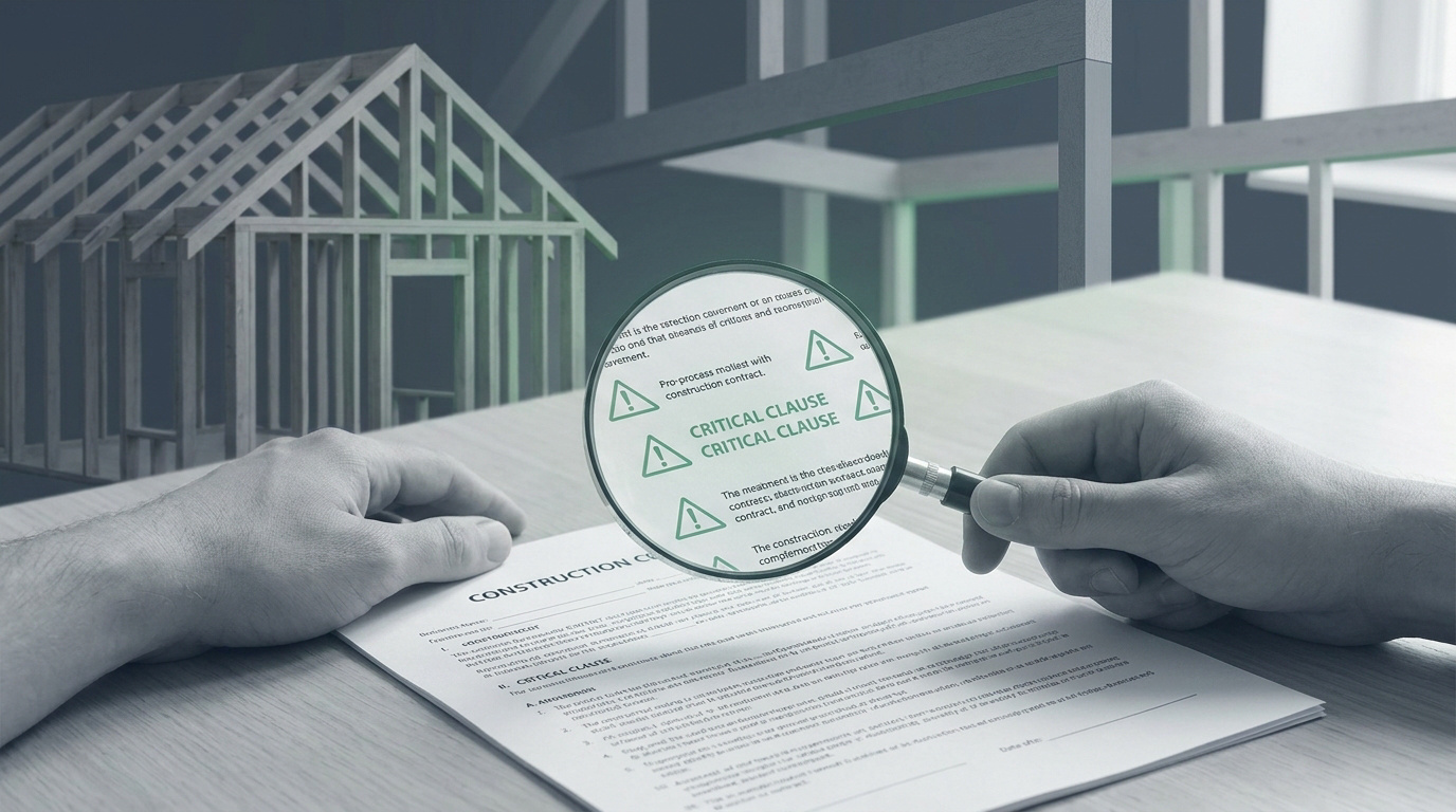 Mains examinant un contrat de construction avec une loupe, avec une maquette de maison en arrière-plan.