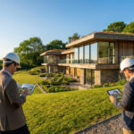 Deux architectes avec tablettes et plans devant une maison moderne écoresponsable sur un terrain en pente.