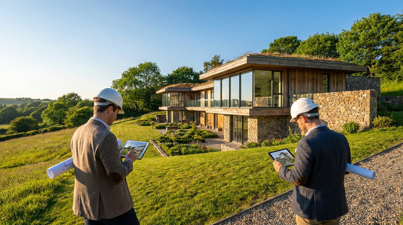 Deux architectes avec tablettes et plans devant une maison moderne écoresponsable sur un terrain en pente.