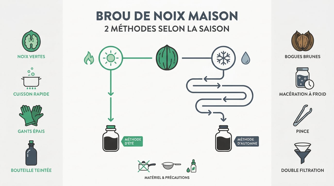 Préparation artisanale de brou de noix avec noix vertes et bogues brunes