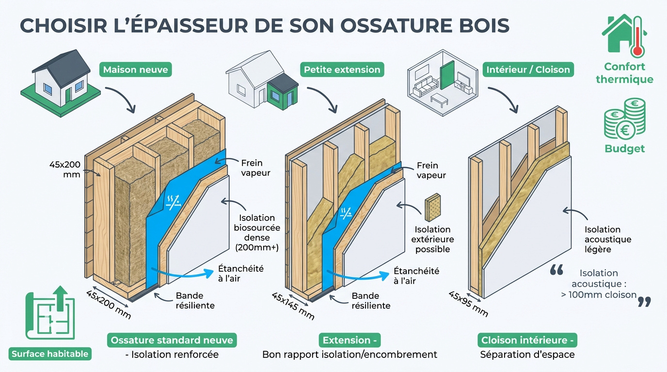 Vue en coupe d'un mur à ossature bois montrant les différentes épaisseurs de montants et d'isolant