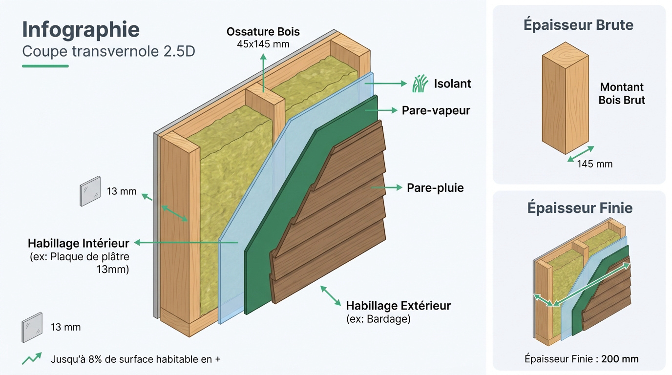 Coupe technique d'un mur à ossature bois avec isolant et parements