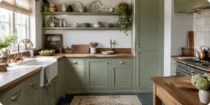 Cuisine style cottage anglais aux façades vert sauge, plan de travail en bois massif et robinetterie en laiton