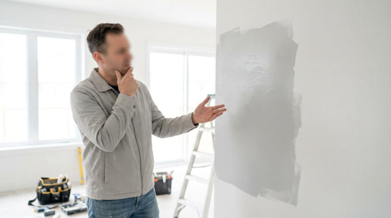Un homme perplexe contemple une trace de peinture irrégulière sur un mur de maison en chantier.