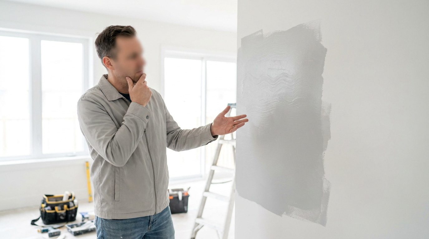 Un homme perplexe contemple une trace de peinture irrégulière sur un mur de maison en chantier.
