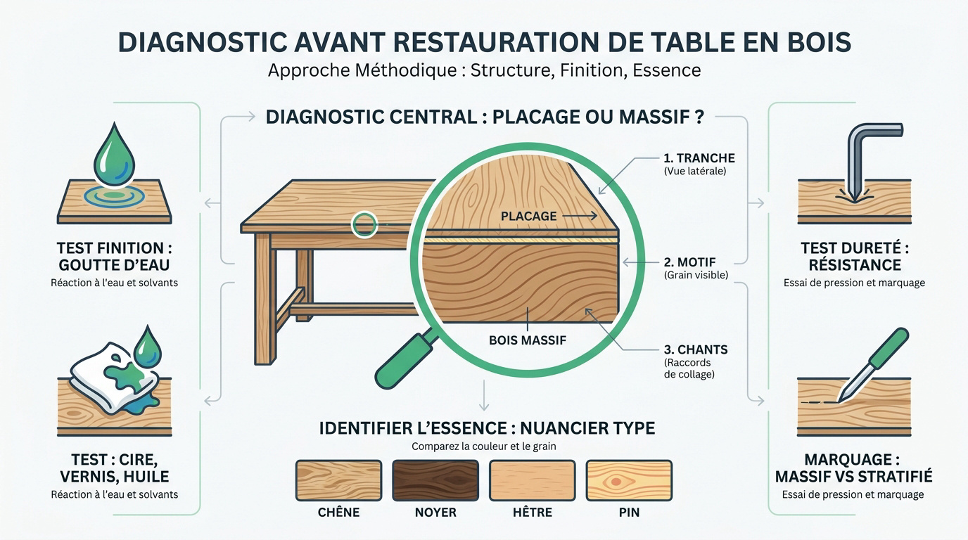Examen visuel de la tranche d'un plateau de table pour identifier le bois massif ou le placage