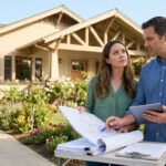 Un couple examine des plans architecturaux devant une maison individuelle en bois.