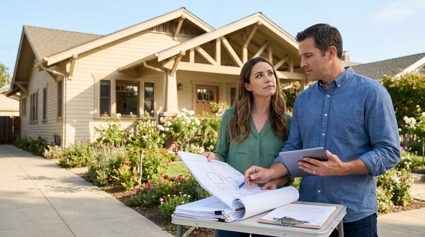 Un couple examine des plans architecturaux devant une maison individuelle en bois.