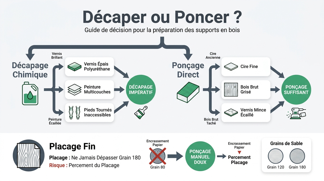 Tableau comparatif pour choisir entre le décapage chimique et le ponçage mécanique d'une table en bois