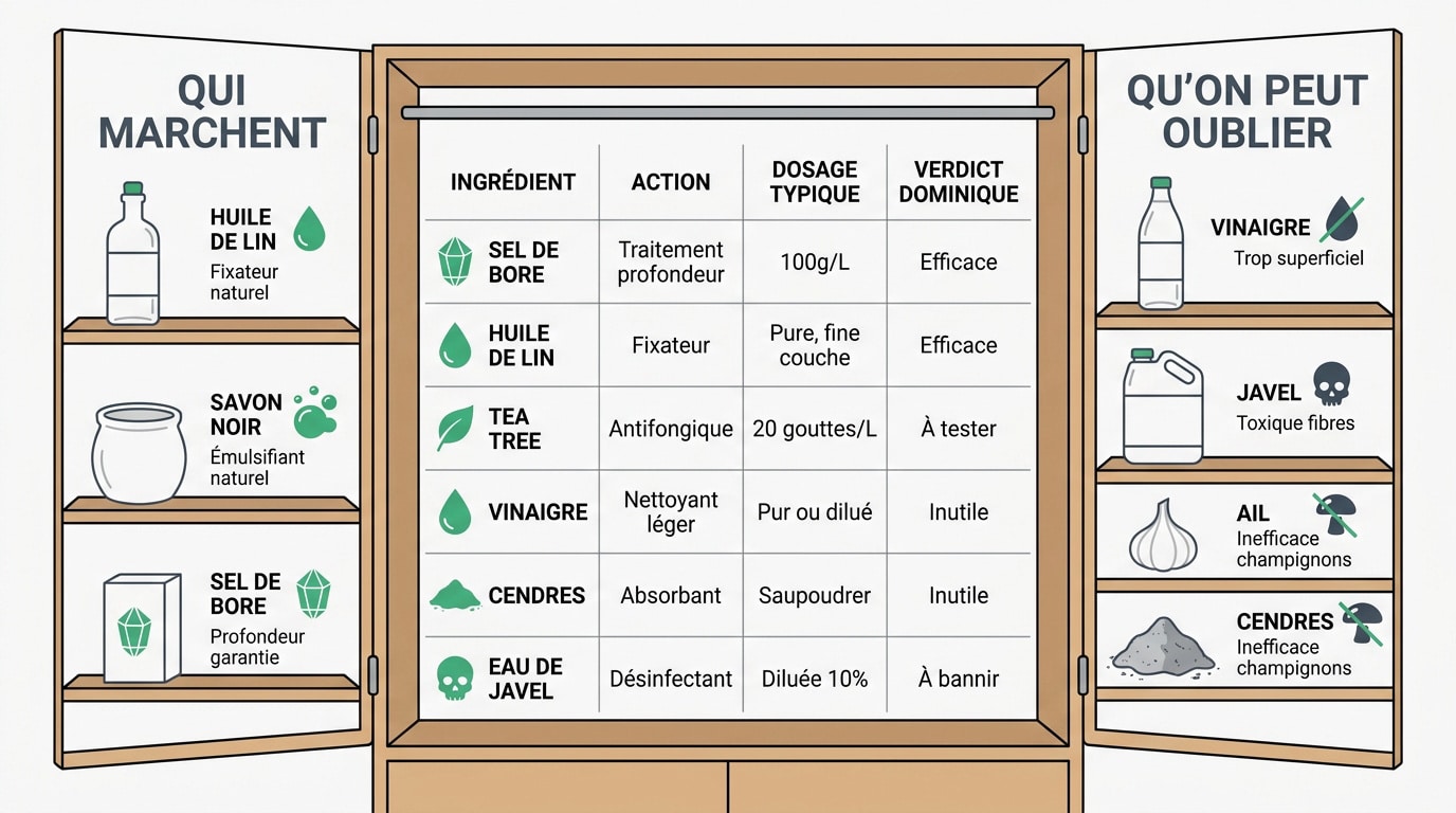Tableau comparatif des ingrédients naturels pour le traitement et le nettoyage du bois