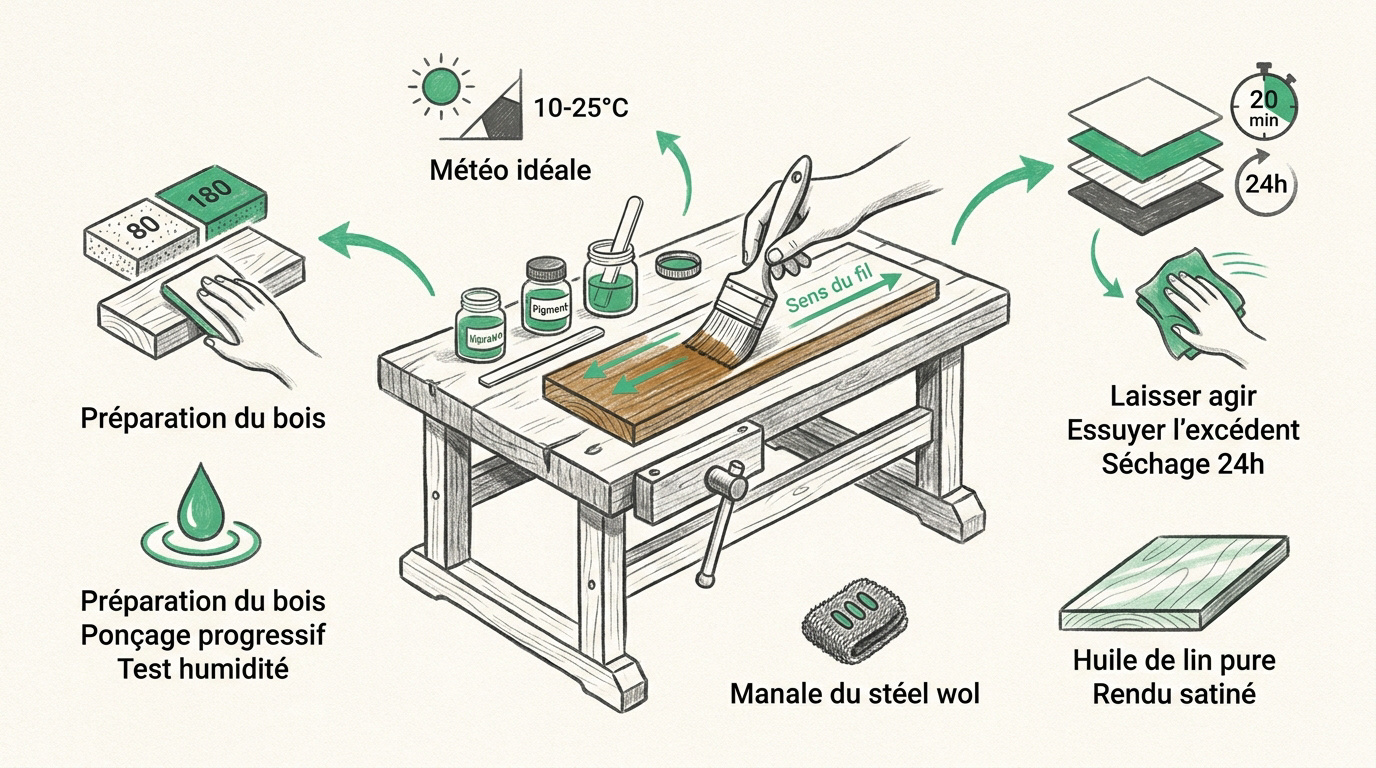 Artisan préparant une surface en bois avant l'application d'un mélange protecteur