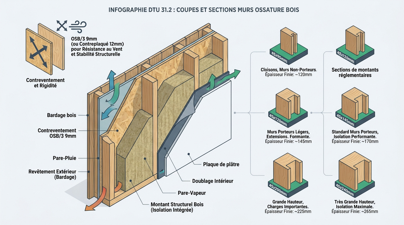 Infographie des sections de montants et composition d'un mur ossature bois selon le DTU 31.2