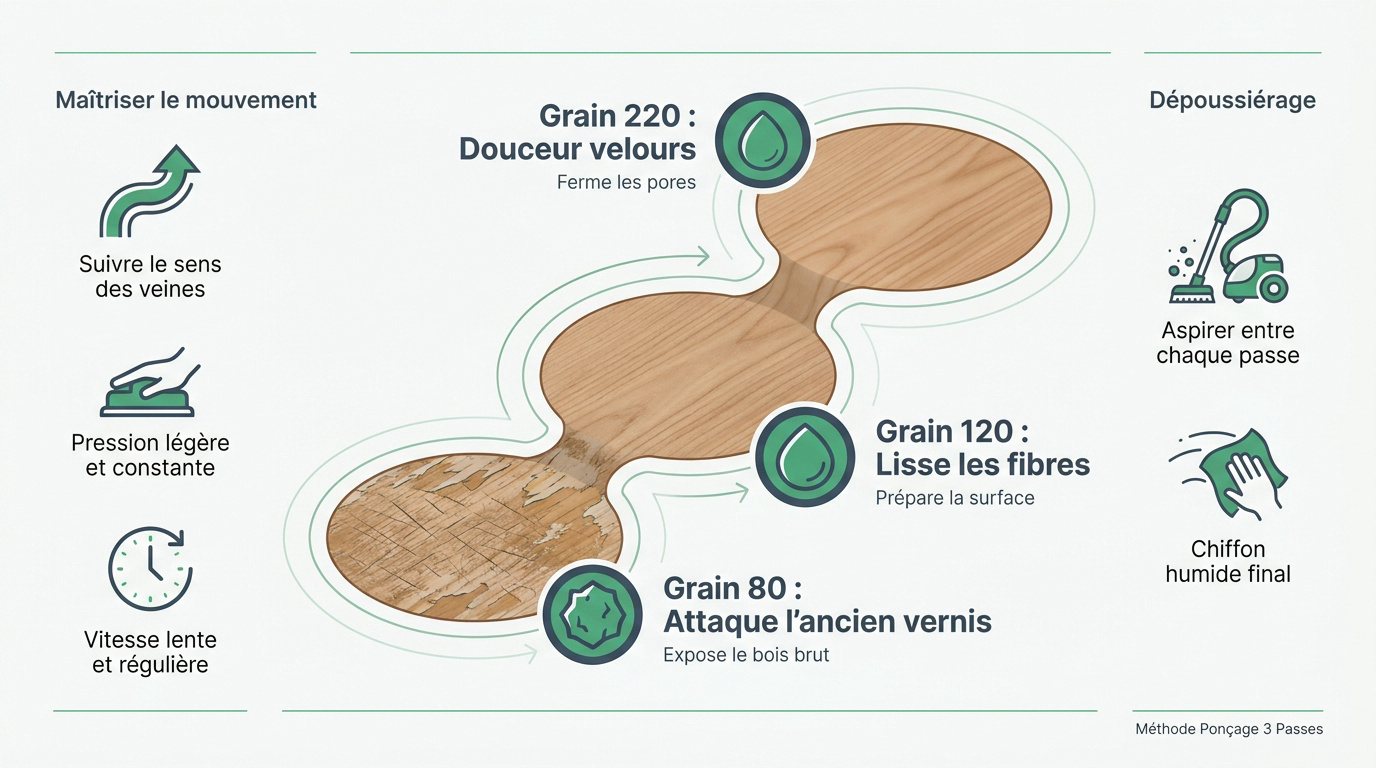 Infographie détaillant les trois étapes de ponçage du bois avec les grains 80, 120 et 220