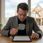 Un homme en costume examine attentivement une tablette avec une loupe, avec une charpente de maison en arrière-plan.