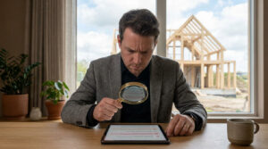 Un homme en costume examine attentivement une tablette avec une loupe, avec une charpente de maison en arrière-plan.