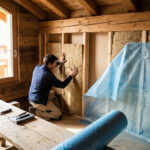 Un artisan installe de la laine isolante entre les montants en bois d'un mur de chalet, avec un pare-vapeur bleu.